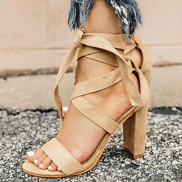 Chunky Ankle Strappy Lace Up High Heels - Picture 4 of 7